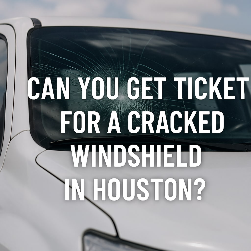 A close-up of a white car’s cracked windshield in Houston with spiderweb-like damage on the driver’s side, overlaid with the text “Can You Get a Ticket for a Cracked Windshield in Houston?” — illustrating cracked windshield laws, Texas law, vehicle safety, and the need for auto glass repair or replacement.