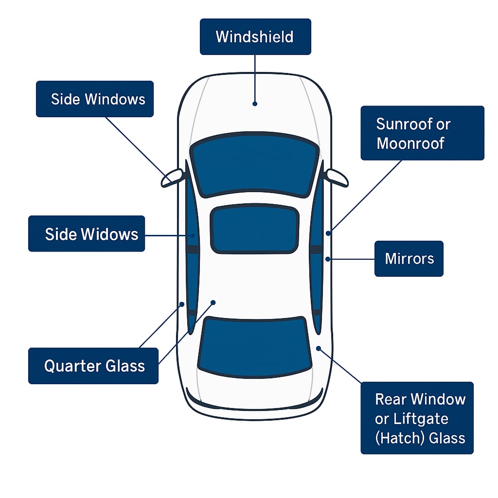 Top-down illustration of a modern car highlighting its glass components. Labels with blue callout boxes point to the windshield, side windows, rear window or liftgate (hatch) glass, sunroof or moonroof, mirrors, and quarter glass.