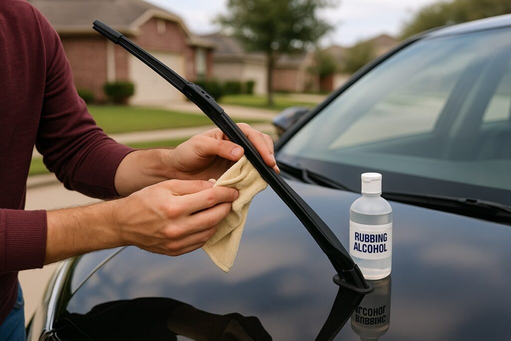 A person cleaning rubber windshield wiper blades with a soft cloth while a bottle of rubbing alcohol rests on the hood of a car. The clean windshield reflects the sky in a quiet suburban driveway in Spring, TX.