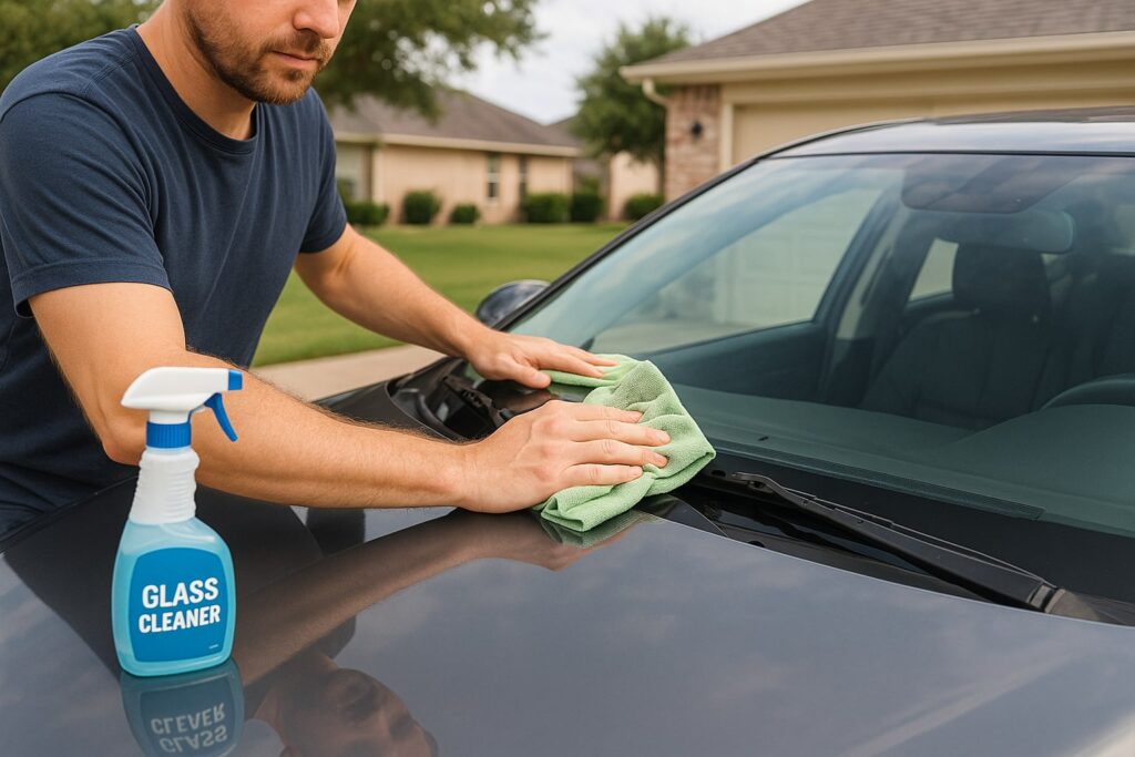 A person cleaning a car windshield in a Spring, TX driveway using a microfiber cloth and ammonia-free glass cleaner. The image shows clear, streak-free auto glass and reflects the process of how to clean auto glass safely with proper products and technique.