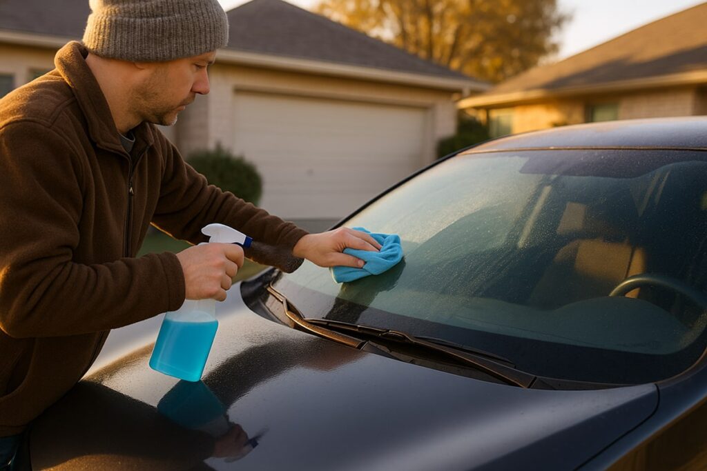 A driver cleaning frost off a car windshield in a Spring, TX driveway using a microfiber cloth and de-icer spray, illustrating proper winter windshield preparation and auto glass care in Texas cold weather.