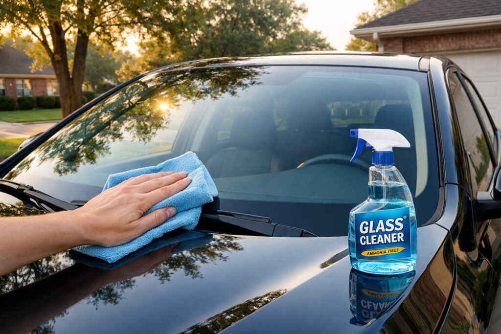 Person cleaning a car windshield with a microfiber cloth and ammonia-free glass cleaner in a Spring, Texas driveway