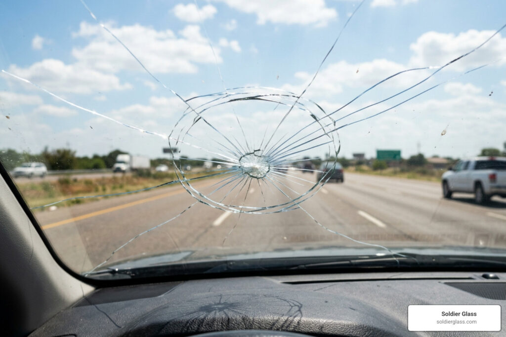 Star-break chip spreading into long cracks across a windshield